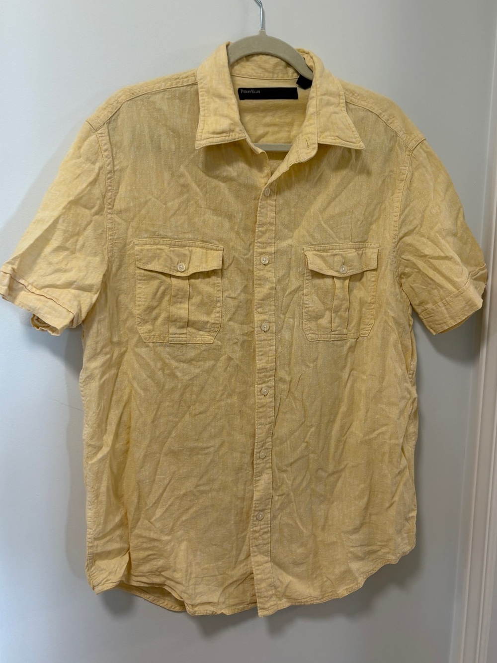 Perry ELLIS Linen blend short sleeve summer shirt butter soft yellow Size L